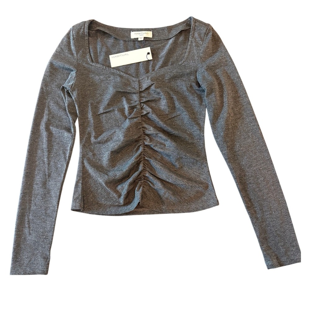 Habitual Womens XS Charcoal Grey Metallic Ruched Sweetheart Long Sleeve Top NEW